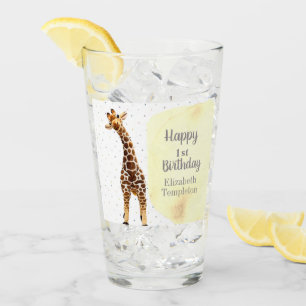 Cute Giraffe Safari Wild Yellow 1st Birthday Party Glass