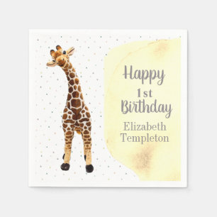 Cute Giraffe Safari Wild Yellow 1st Birthday Party Napkins