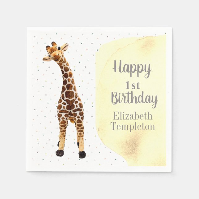 Cute Giraffe Safari Wild Yellow 1st Birthday Party Napkins (Front)