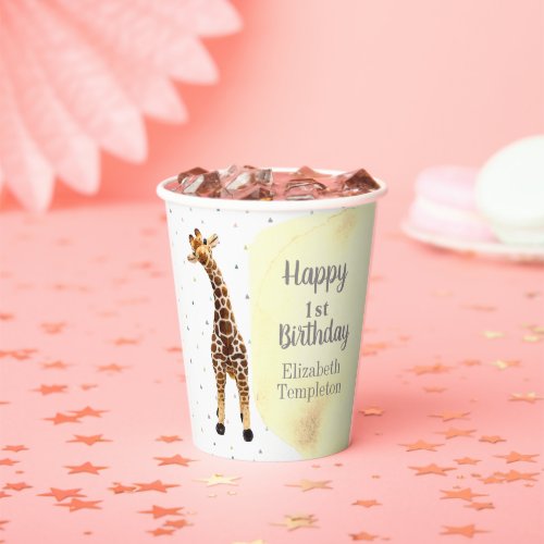 Cute Giraffe Safari Wild Yellow 1st Birthday Party Paper Cups