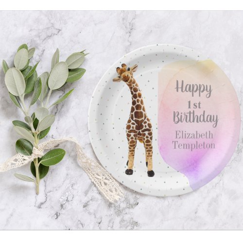 Cute Giraffe Safari Wild Yellow 1st Birthday Party Paper Plates