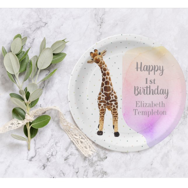 Cute Giraffe Safari Wild Yellow 1st Birthday Party Paper Plates (Cute giraffe First Birthday watercolor paper plate)
