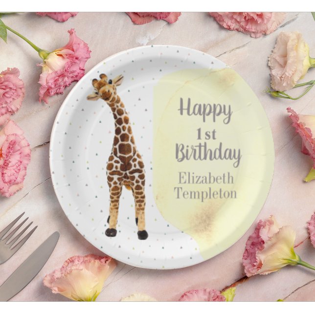 Cute Giraffe Safari Wild Yellow 1st Birthday Party Paper Plates (Creator Uploaded)