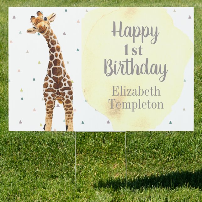 Cute Giraffe Safari Wild Yellow 1st Birthday Party Sign (Insitu)