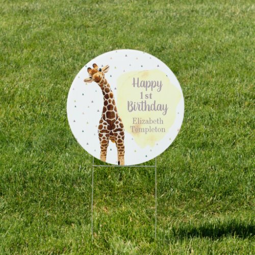 Cute Giraffe Safari Wild Yellow 1st Birthday Party Sign