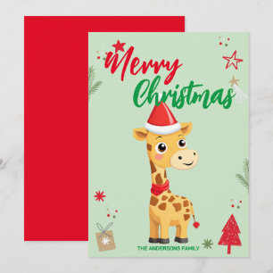 Cute Giraffe santa Christmas Holiday Family name Card