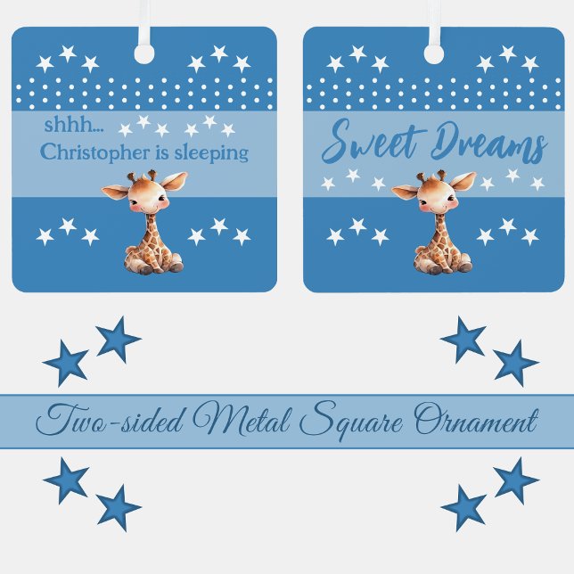 Cute giraffe shhh add name is sleeping blue metal ornament (Creator Uploaded)