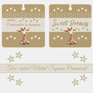 Cute giraffe shhh add name is sleeping brown metal ornament