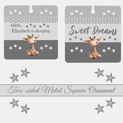 Cute giraffe shhh add name is sleeping grey metal ornament