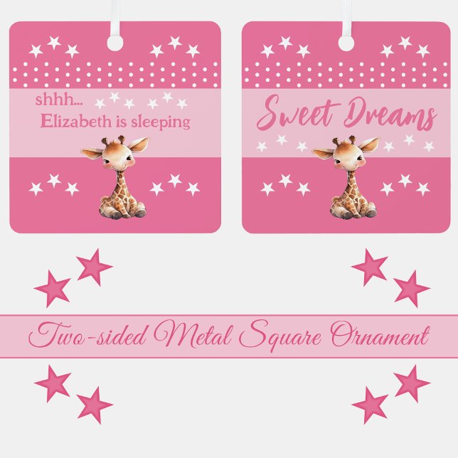 Cute giraffe shhh add name is sleeping pink metal ornament (Creator Uploaded)