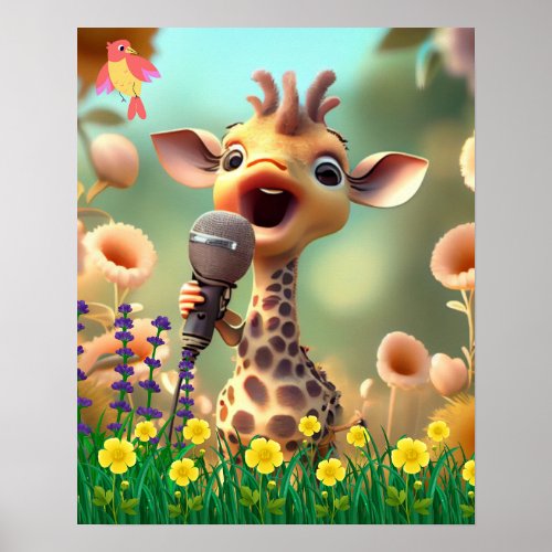 Cute Giraffe singing with mic in garden of flowers Poster
