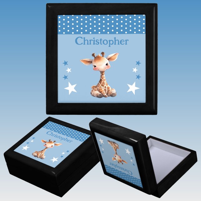 Cute giraffe stars add name blue keepsake gift box (Creator Uploaded)