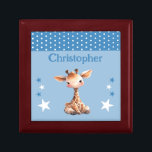 Cute giraffe stars add name blue keepsake gift box<br><div class="desc">Keepsake Gift Box for children.
Personalize with a name.
Featuring a cute giraffe,  polka dots and stars with the colors blue and white.</div>