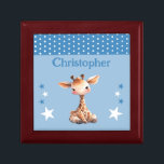 Cute giraffe stars add name blue keepsake gift box<br><div class="desc">Keepsake Gift Box for children.
Personalize with a name.
Featuring a cute giraffe,  polka dots and stars with the colors blue and white.</div>