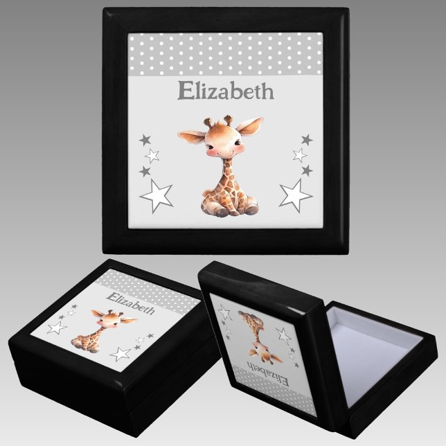 Cute giraffe stars add name grey keepsake gift box (Creator Uploaded)