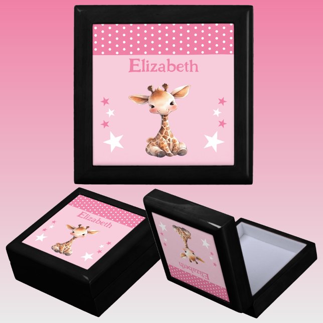 Cute giraffe stars add name pink keepsake gift box (Creator Uploaded)