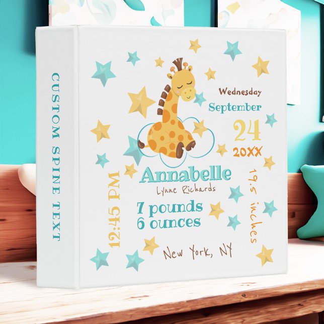 Cute Giraffe & Stars Baby Birth Stats Scrapbook 3 Ring Binder (Celebrate your baby’s arrival with this adorable Giraffe & Stars Baby Birth Stats Album!)