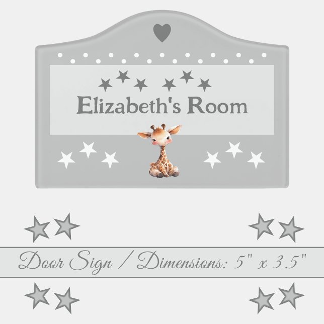 Cute giraffe stars baby's room add name grey door sign (Creator Uploaded)