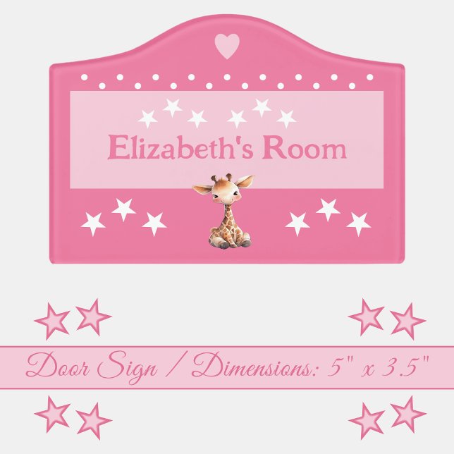 Cute giraffe stars baby's room add name pink door sign (Creator Uploaded)