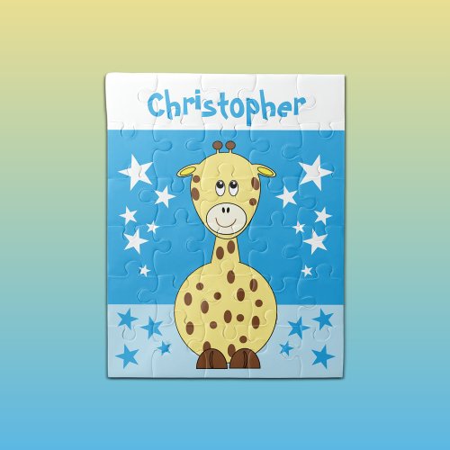 Cute giraffe stars name blue jigsaw puzzle