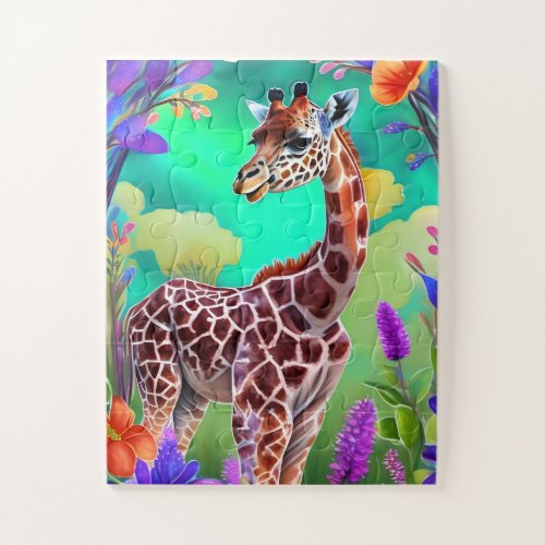 Cute Giraffe Surrounded by Flowers Jigsaw Puzzle