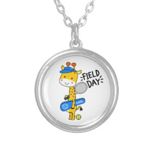 Cute Giraffe Tennis Field Day – Fun Sports Charact Silver Plated Necklace