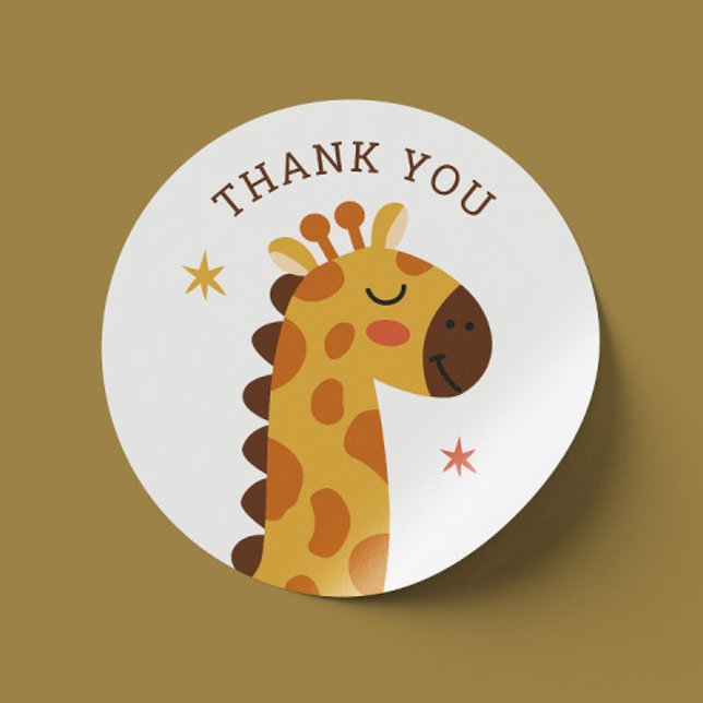 Cute Giraffe Thank You. Safari Kids Birthday Party Classic Round Sticker (Creator Uploaded)