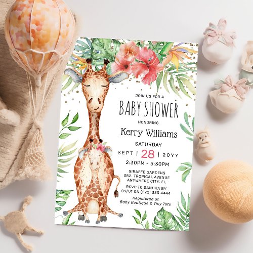 Cute Giraffe  Tropical Greenery Girl Baby Shower  Invitation