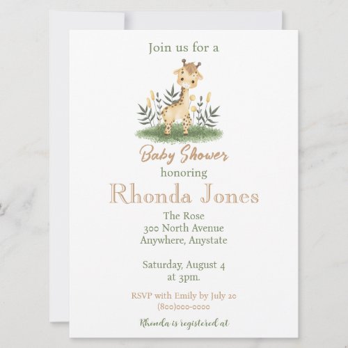 Cute Giraffe Watercolor baby shower Invitation