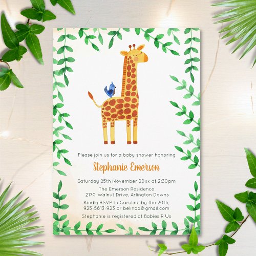 Cute Giraffe Watercolor Baby Shower Invitations