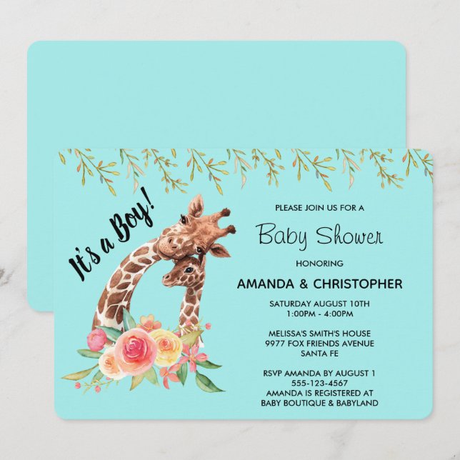 Cute Giraffe Watercolor It's a Boy! Baby Shower Invitation (Front/Back)