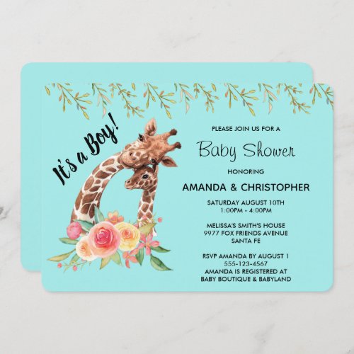 Cute Giraffe Watercolor Its a Boy Baby Shower Invitation