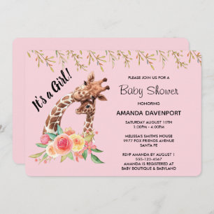Cute Giraffe Watercolor It's a Girl! Baby Shower Invitation