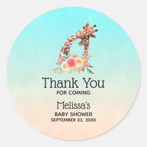 Cute Giraffe Watercolor Mom  Babe Baby Shower Classic Round Sticker