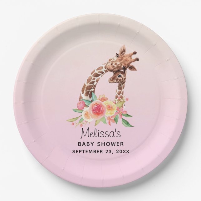 Cute Giraffe Watercolor Mom & Babe Baby Shower Paper Plates (Front)