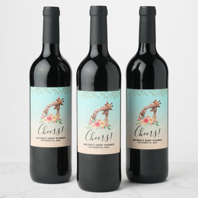 Cute Giraffe Watercolor Mom & Babe Baby Shower Wine Label (Bottles)