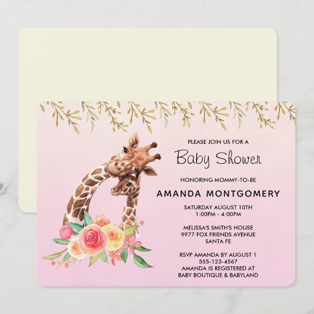 Cute Giraffe Watercolor Mom & Baby Baby Shower Invitation (Front/Back)