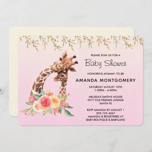 Cute Giraffe Watercolor Mom & Baby Baby Shower Invitation | Zazzle