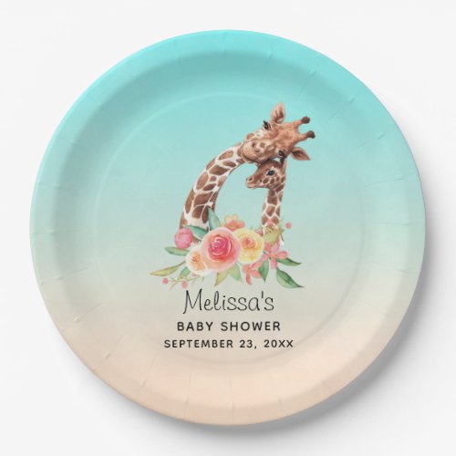 Cute Giraffe Watercolor Mom  Baby Baby Shower Paper Plates