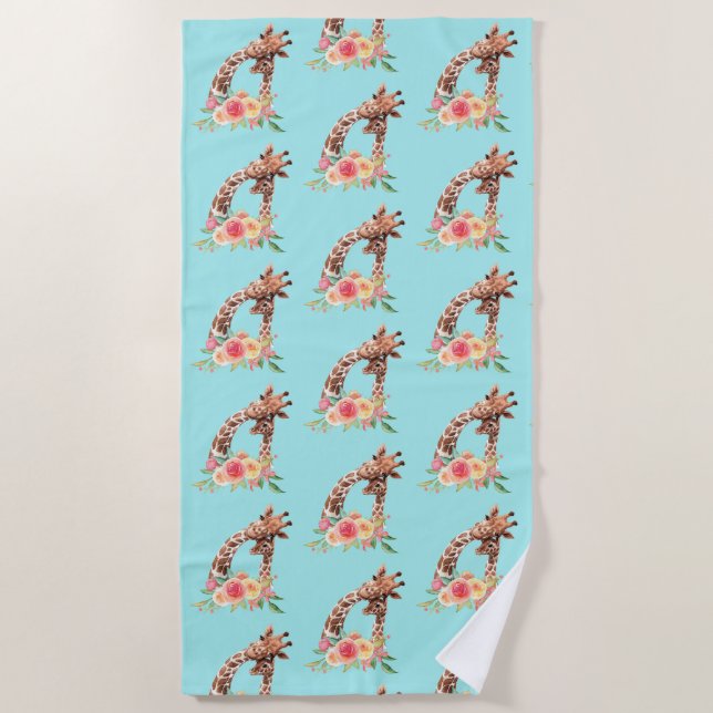 Cute Giraffe Watercolor Mom & Baby Beach Towel (Front)