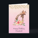 Cute Giraffe Watercolor Mom & Baby Birthday Card<br><div class="desc">Happy birthday greeting card with a cute drawing in watercolors of a mom and baby giraffe. The mother giraffe is resting her head on top of the baby giraffe, loving and adorable. Pretty pink, yellow, green watercolor flower bouquet placed underneath this darling pair. Decorative leaves hang down from the top....</div>