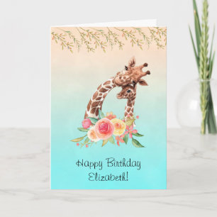 Cute Giraffe Watercolor Mom & Baby Birthday Card