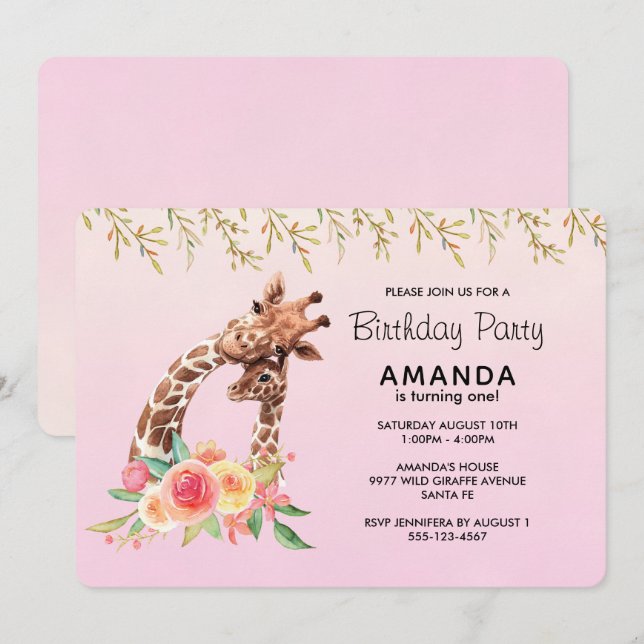 Cute Giraffe Watercolor Mom & Baby Birthday Invitation (Front/Back)