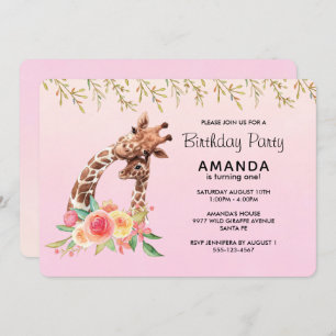 Cute Giraffe Watercolor Mom & Baby Birthday Invitation
