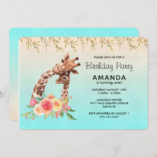 Cute Giraffe Watercolor Mom & Baby Birthday Invitation