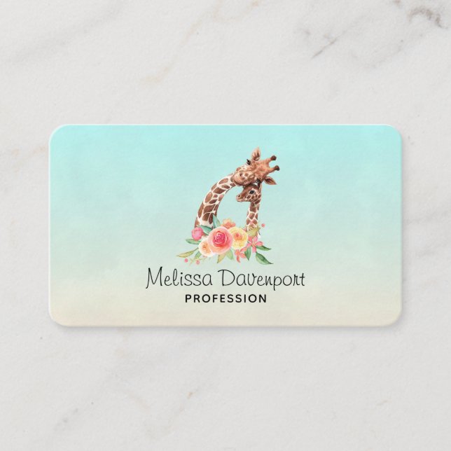 Cute Giraffe Watercolor Mom & Baby Business Card (Front)