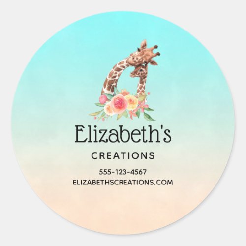 Cute Giraffe Watercolor Mom  Baby Business Classic Round Sticker