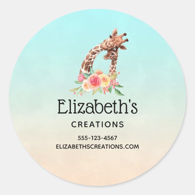 Cute Giraffe Watercolor Mom & Baby Business Classic Round Sticker (Front)