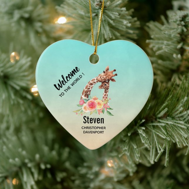 Cute Giraffe Watercolor Mom & Baby Ceramic Ornament (Tree)