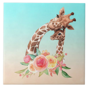Cute Giraffe Watercolor Mom & Baby Ceramic Tile